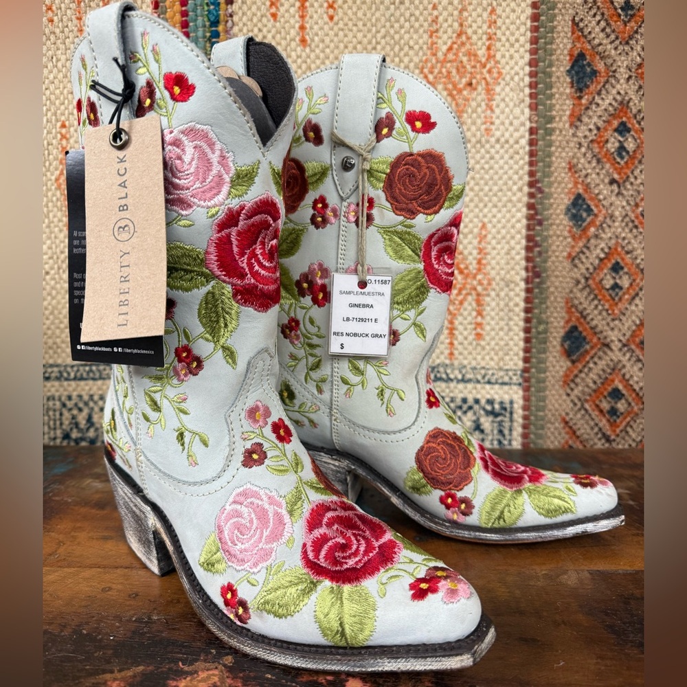 One of a kind Liberty Black Ginebra gray floral embroidered boots. New with tags - Picture 2 of 8